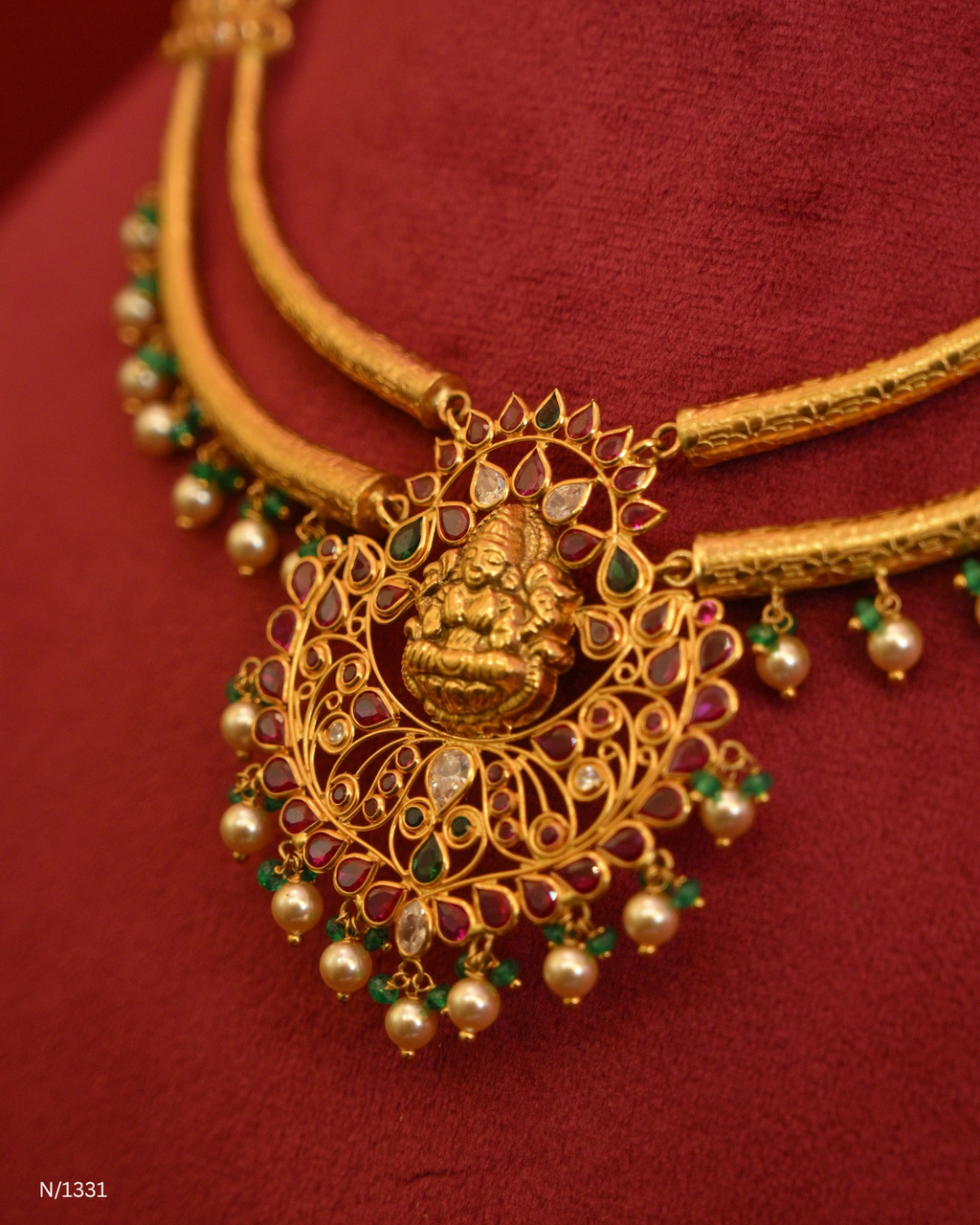 Lakshmi Temple Motif Kanti with Rubies, Emeralds & Pearl Fringes | SKU: N/1331
