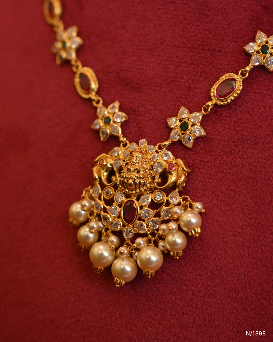 Traditional Peacock Motif Temple Necklace with Emerald, Ruby & Pearl Drops | SKU: N/1898
