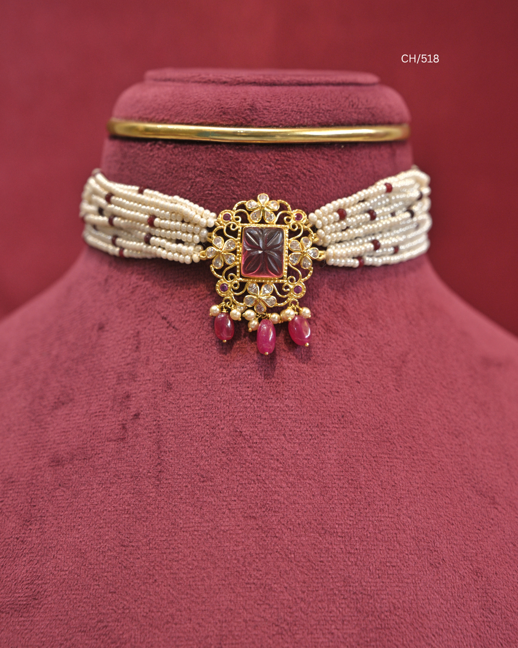 Carved Square Ruby Filigree Medallion Pearl Choker |  SKU: CH/518