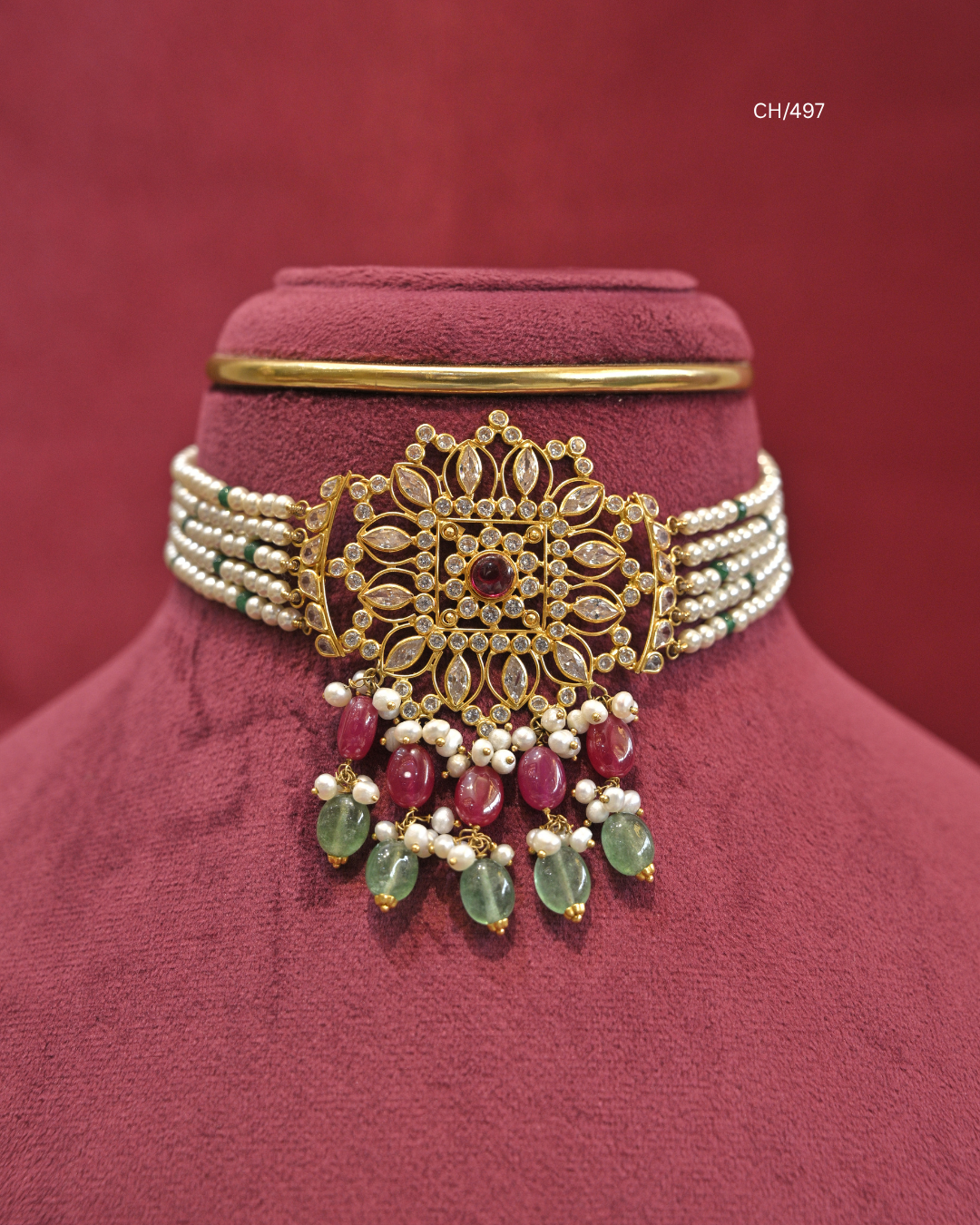 Grand Royal Sunburst Medallion & Multi-Strand Pearl Choker | SKU: CH/497