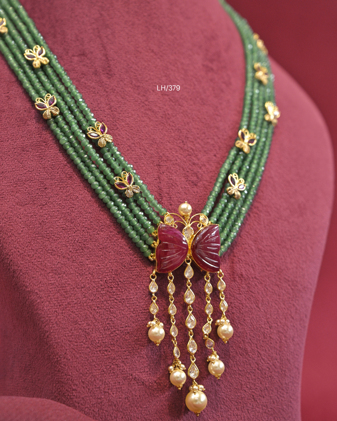 Carved Ruby Butterfly Pendant Five-Strand Emerald Bead Haram | SKU: LH/379
