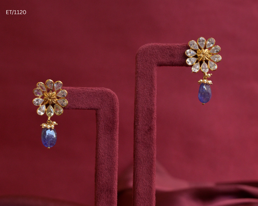 CZ Polki Floral Cluster & Blue Sapphire Teardrop Dangle Earrings | SKU: ET/1120