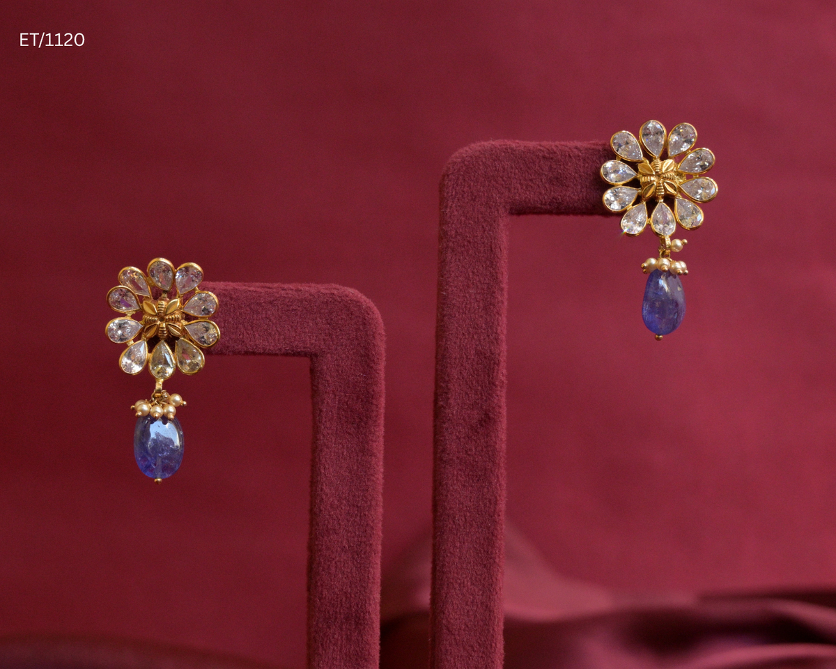 CZ Polki Floral Cluster & Blue Sapphire Teardrop Dangle Earrings | SKU: ET/1120