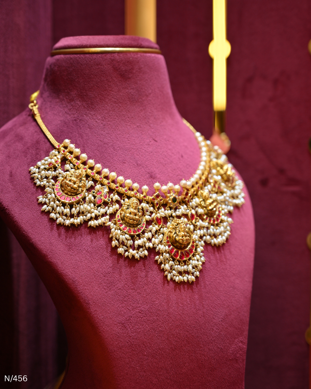 Antique Gold Temple Lakshmi Nakshi, Ruby & Pearl Bridal Necklace | SKU: N/456
