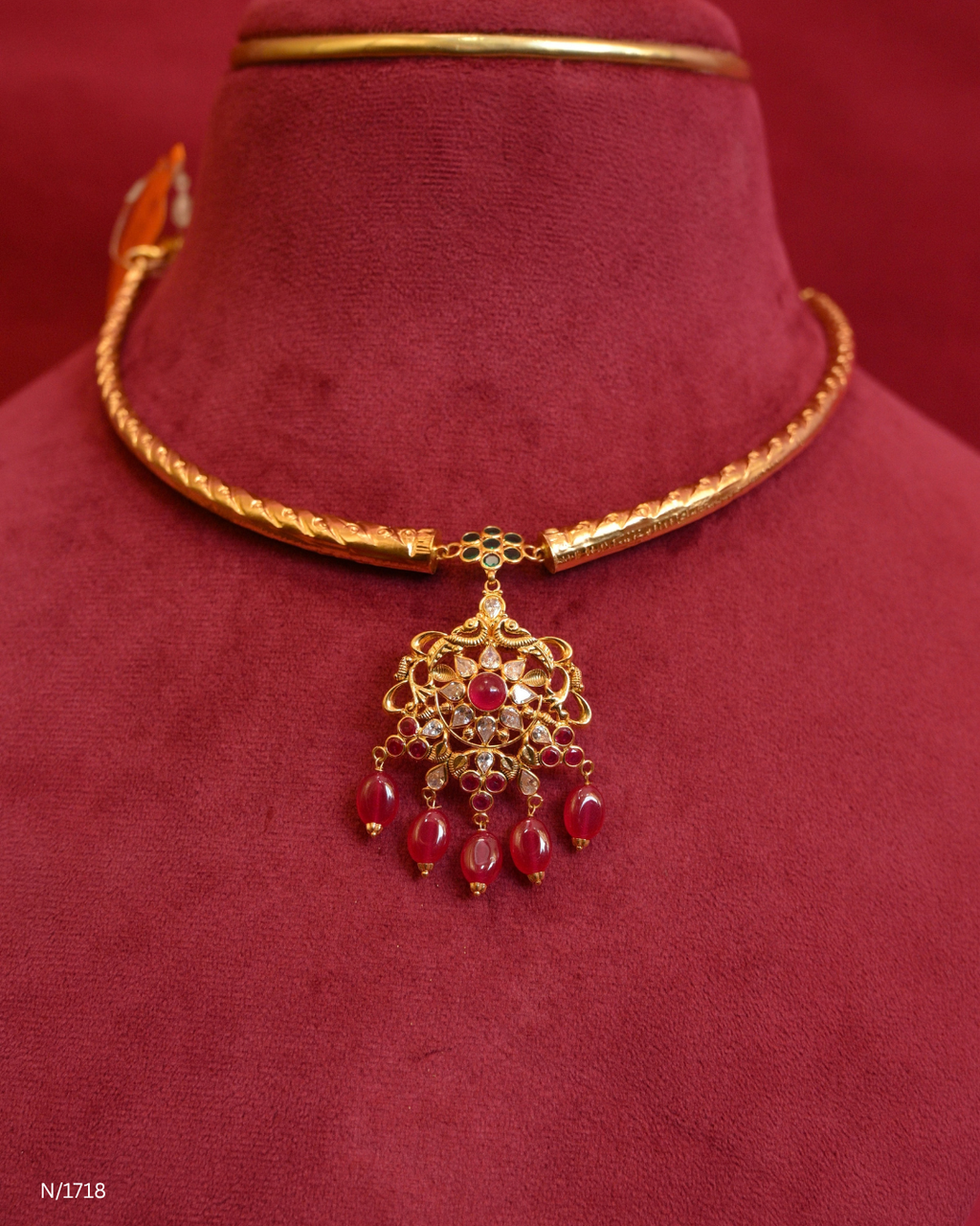 Floral Filigree Pendant Kanti with Rubies & Ruby Bead Drops | SKU: N/1718
