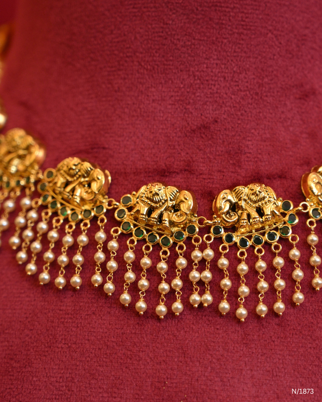 Royal Elephant Temple Choker Necklace with Emerald Accents & Cascading Pearl Fringe | SKU: N/1873