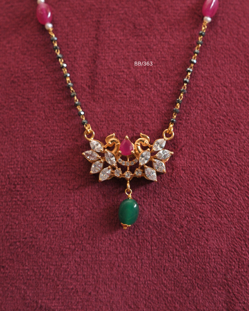 Twin Peacock & CZ Floral Cluster Pendant Mangalsutra with Ruby & Emerald Station Beads |SKU: BB/363