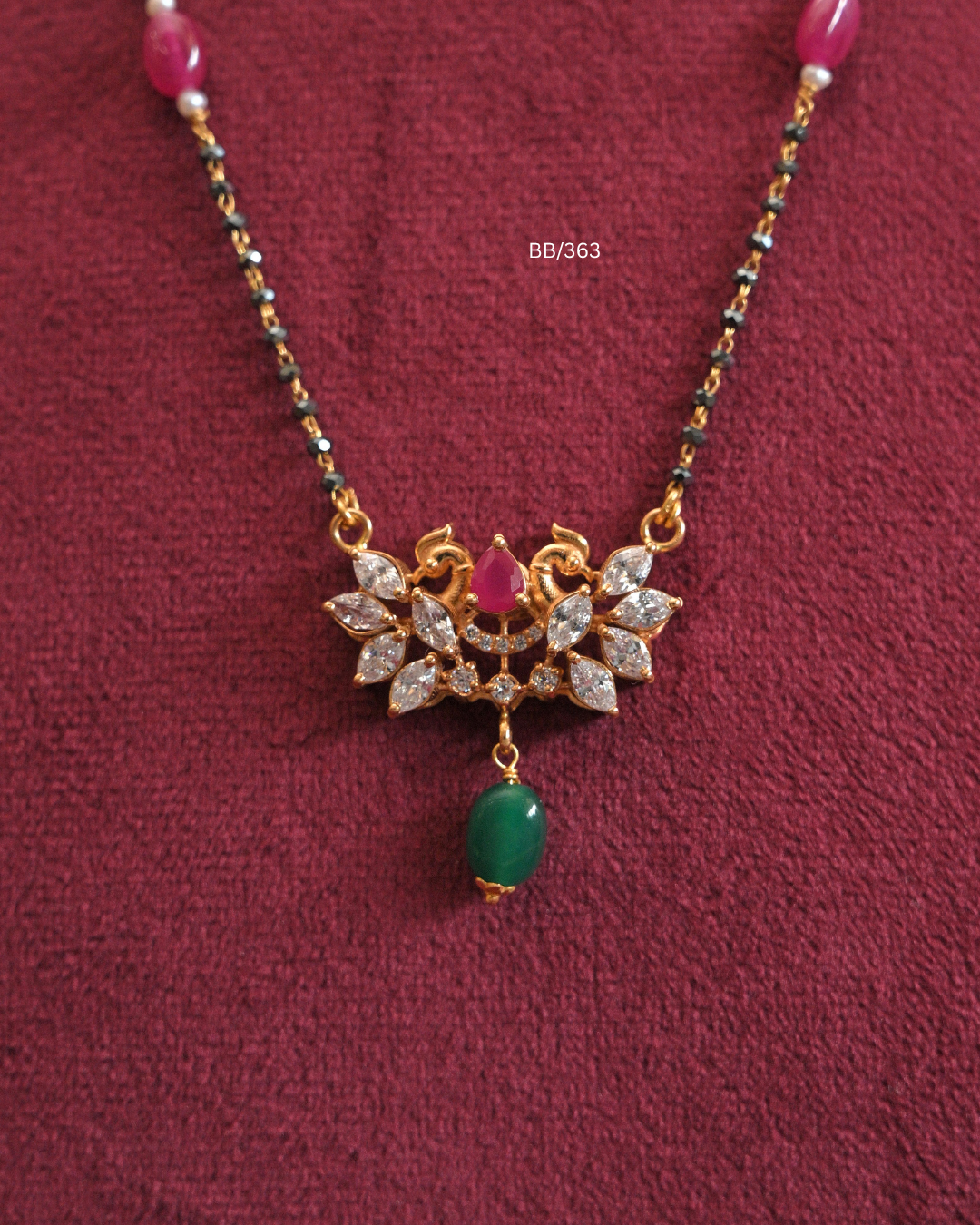 Twin Peacock & CZ Floral Cluster Pendant Mangalsutra with Ruby & Emerald Station Beads |SKU: BB/363