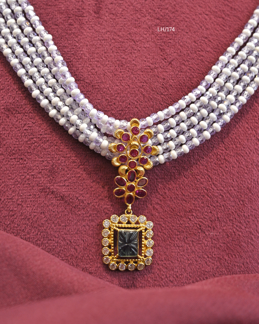 Carved Gemstone Pendant Five-Strand Pearl & Lavender Bead Haram | SKU: LH/174