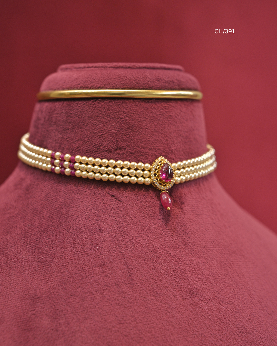 Teardrop Ruby & Pearl Multi-Strand Choker | SKU: CH/391