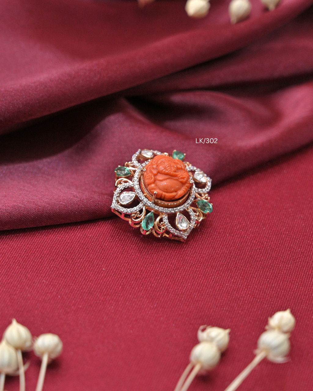 Carved Coral Lord Ganesha CZ & Emerald Mandala Pendant | SKU: LK/302