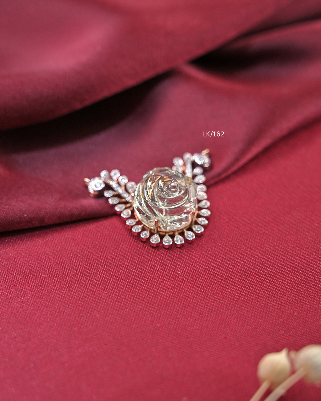 Carved Clear Quartz Rose & CZ Filigree Scroll Pendant | SKU: LK/162