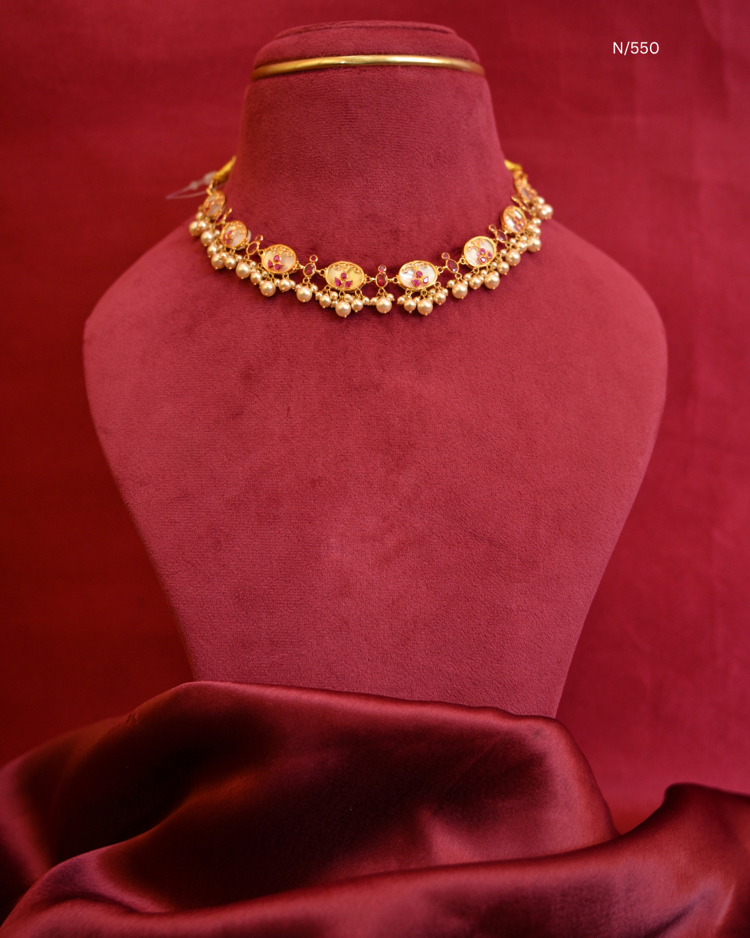 Enamel & Pearl Oval Floral Station Choker Necklace with Ruby Trefoils & Pearl Cluster Drops | SKU: N/550