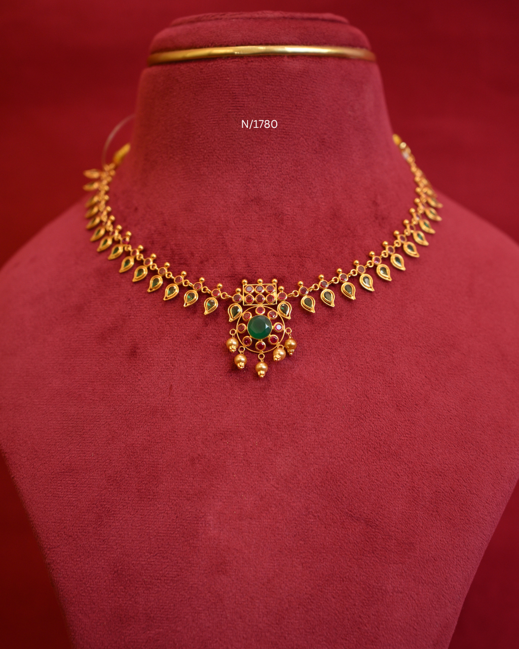 Traditional Mango Mala (Manga Malai) Necklace with Circular Emerald & Ruby Pendant | SKU: N/1780