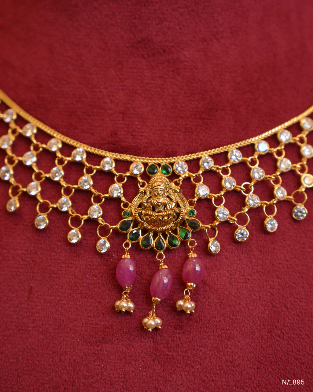 Traditional CZ Mesh Openwork Temple Choker with Goddess Lakshmi & Ruby Bead Drops | SKU: N/1895