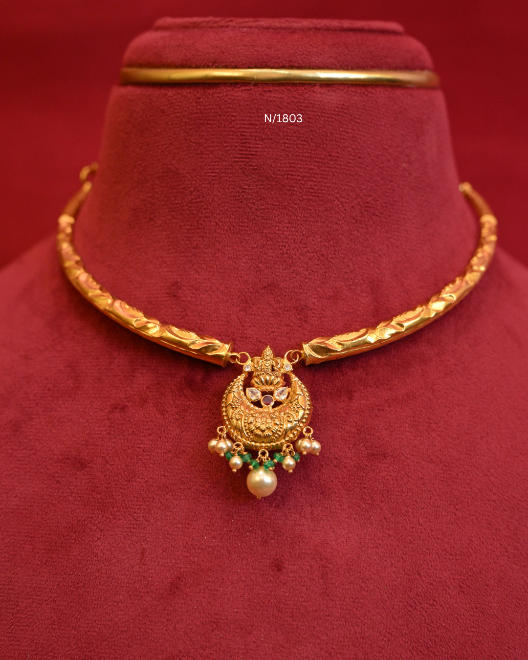 Goddess Lakshmi Crescent Chandbali Pendant Tubular Hasli Necklace with Ruby, CZ, Emerald Beads & Pearls | SKU: N/1803