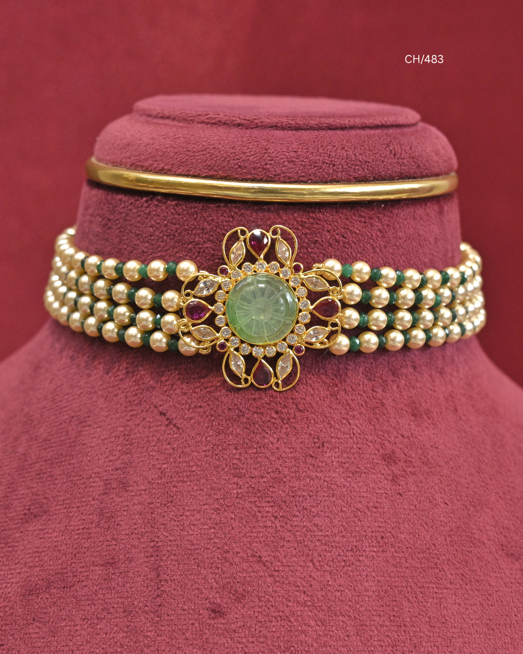 Carved Emerald & Ruby Filigree Medallion Pearl Choker |SKU: CH/483