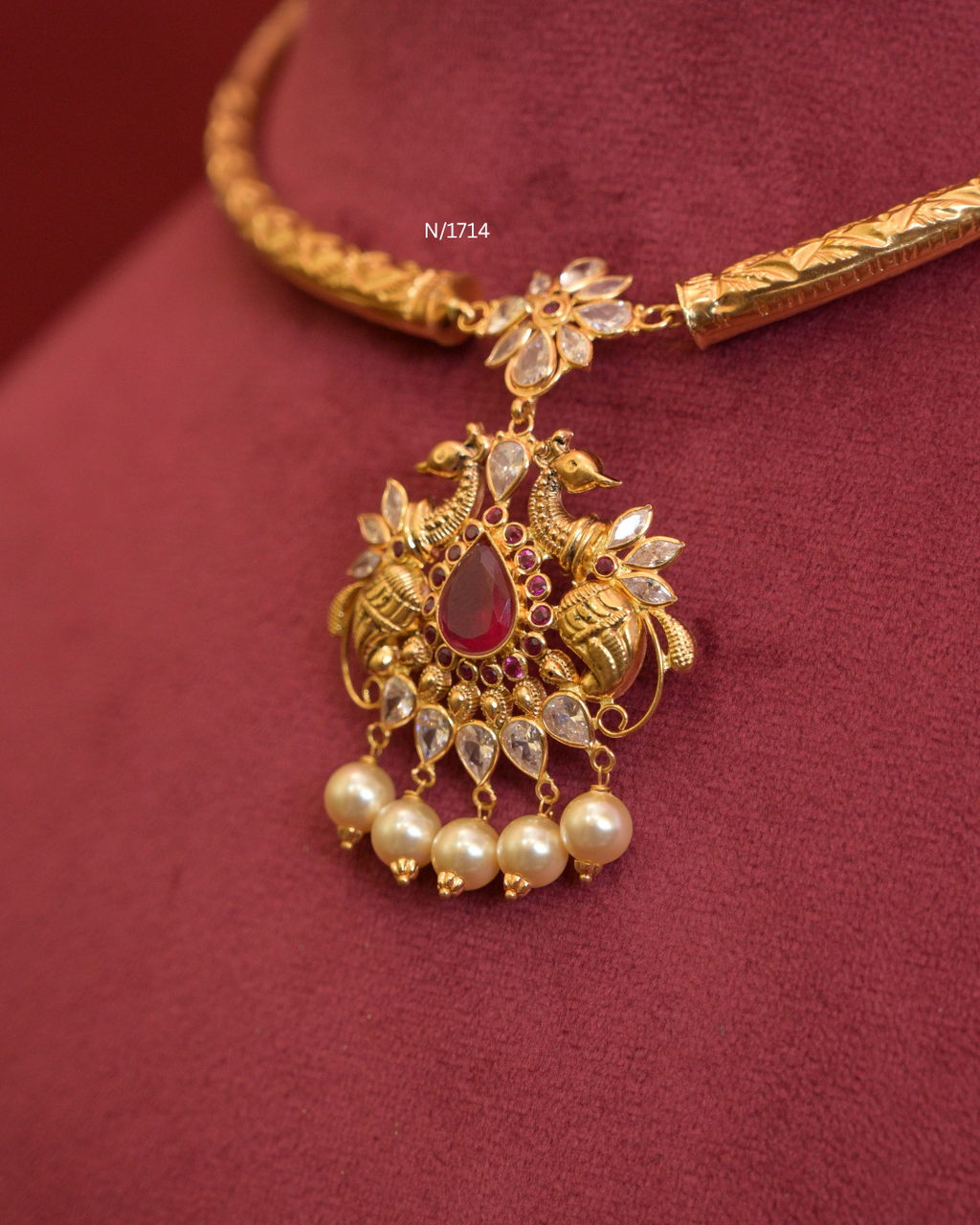 Twin Peacock Nakshi Pendant Tubular Hasli with Teardrop Ruby & Pearl Drops |SKU: N/1714