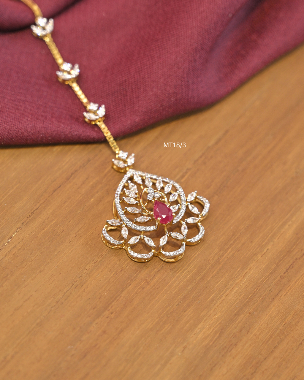 Teardrop Ruby & Marquise CZ Floral Medallion Maang Tikka |  SKU: MT18/3