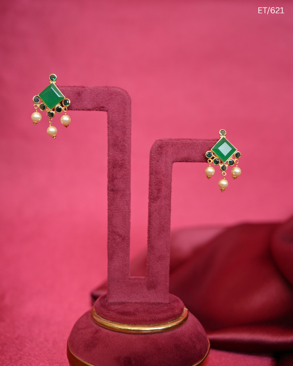 Square Emerald & Pearl Drop Earrings | SKU: ET/621