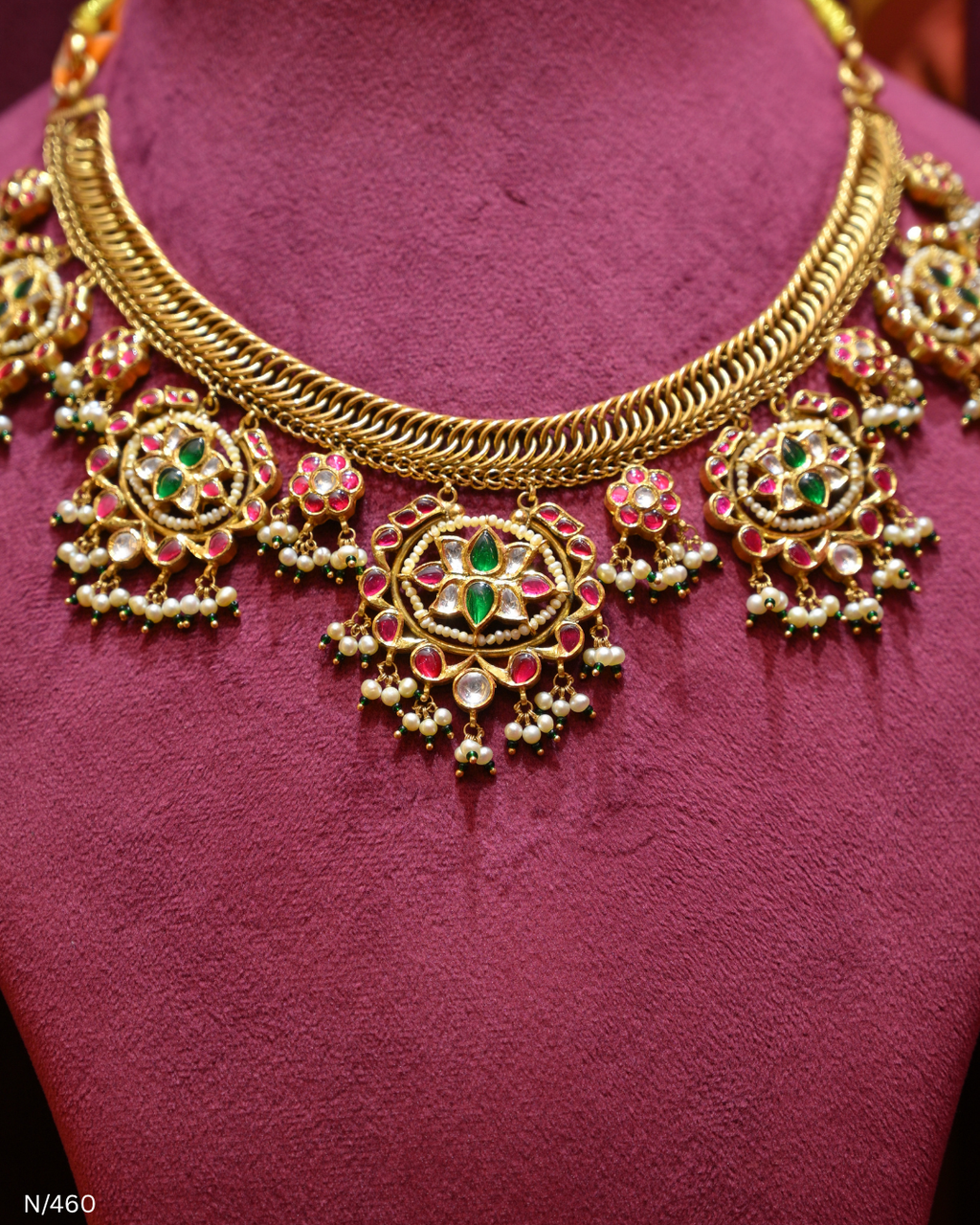 Polki Ruby Emerald & Pearl Statement Necklace | SKU: N/460