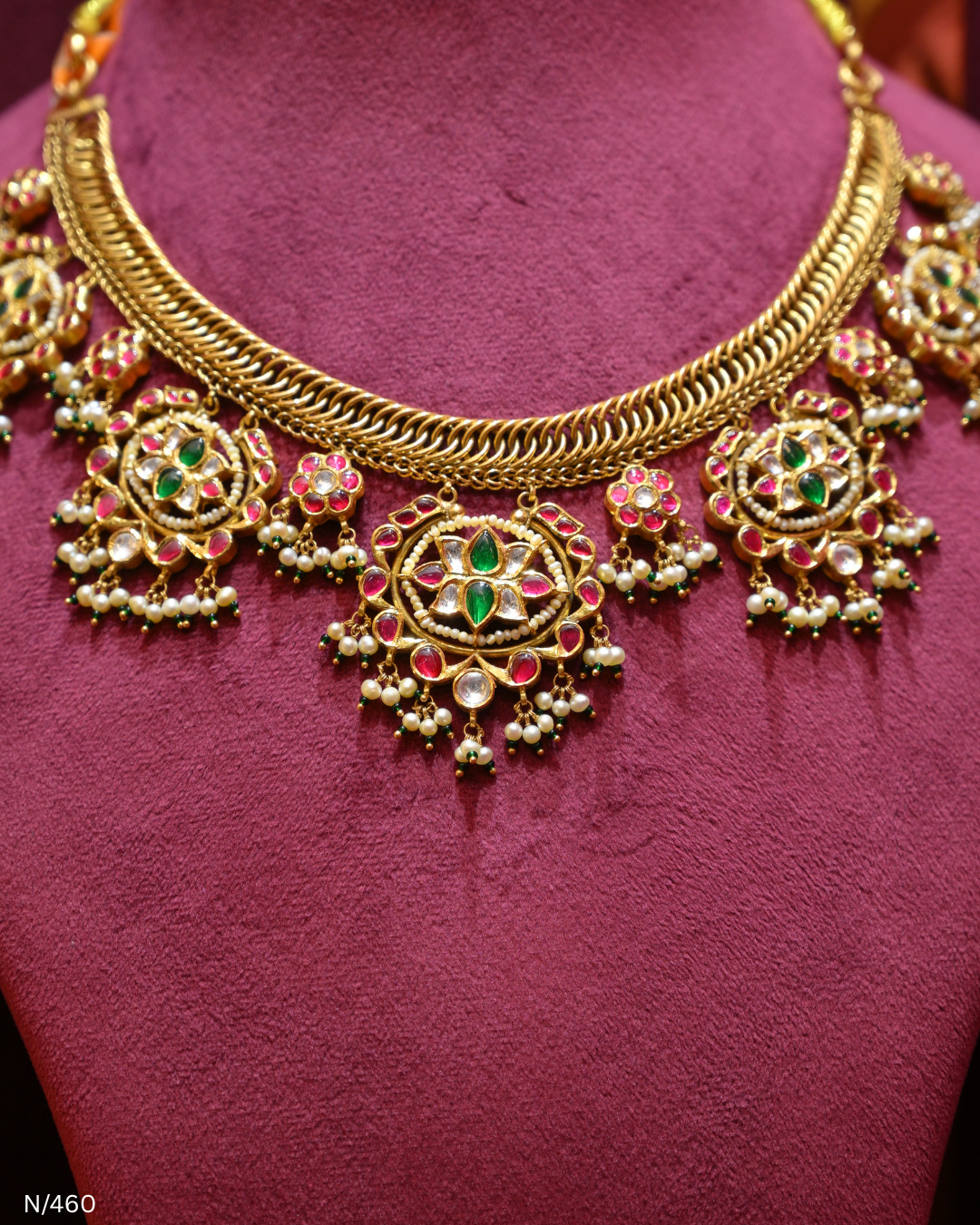 Polki Ruby Emerald & Pearl Statement Necklace | SKU: N/460