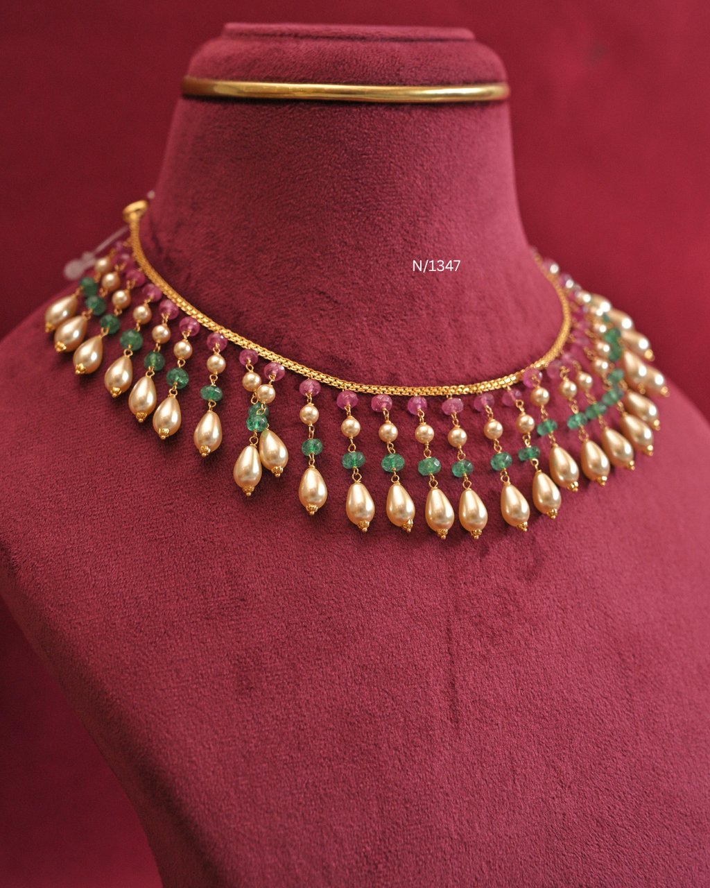 Ruby & Emerald Bead Necklace with Teardrop South Sea Pearl Drops |SKU: N/1347