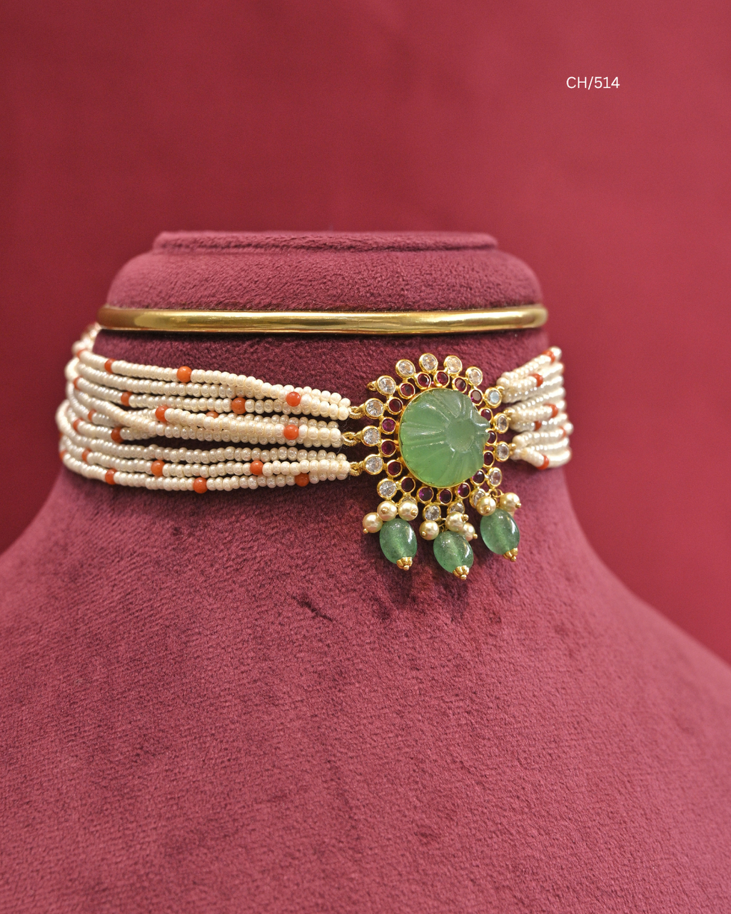 Carved Emerald Sunburst Medallion & Pearl Choker | SKU: CH/514