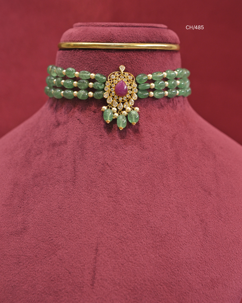 Teardrop Ruby Motif Multi-Strand Emerald Bead Choker | SKU: CH/485
