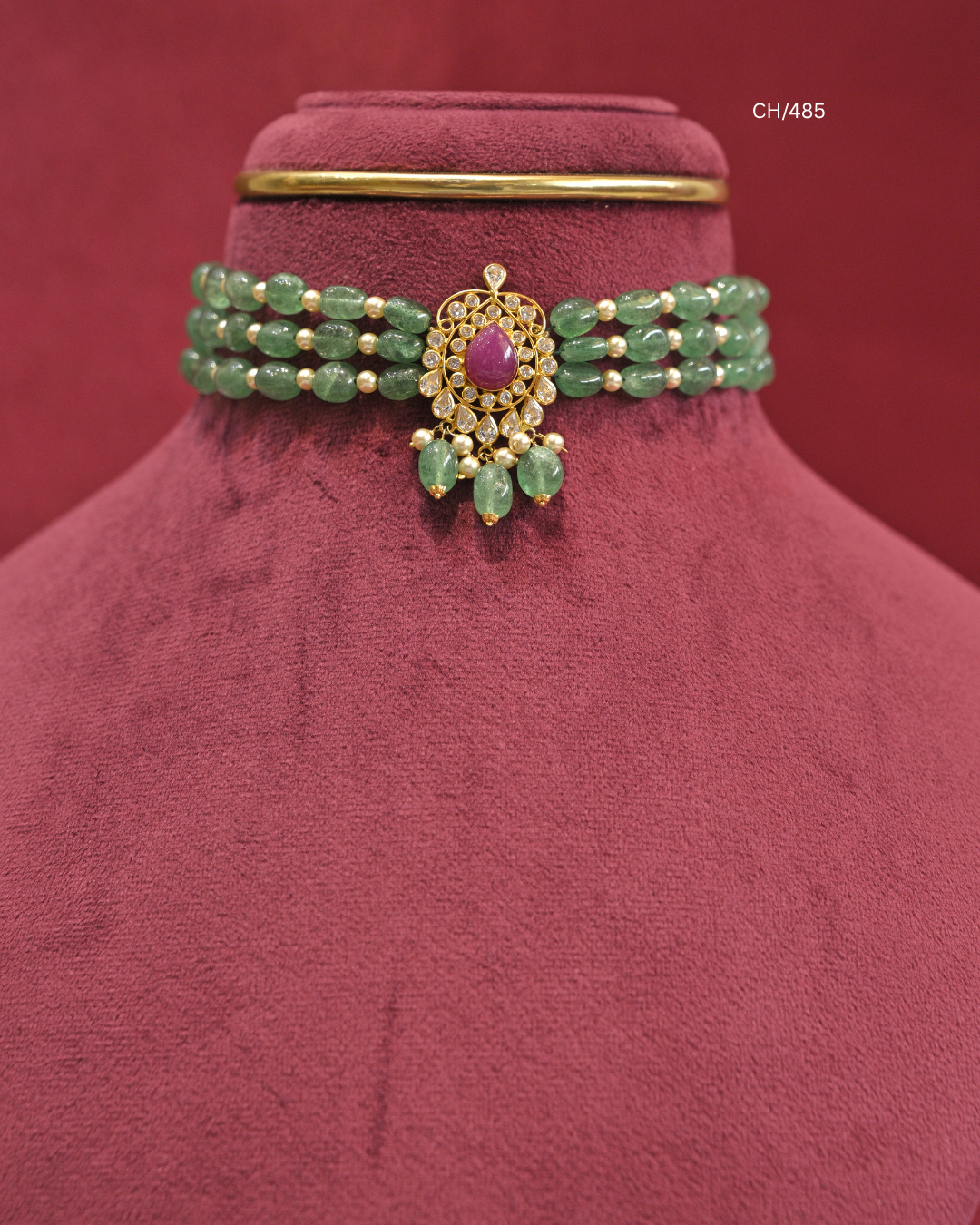 Teardrop Ruby Motif Multi-Strand Emerald Bead Choker | SKU: CH/485