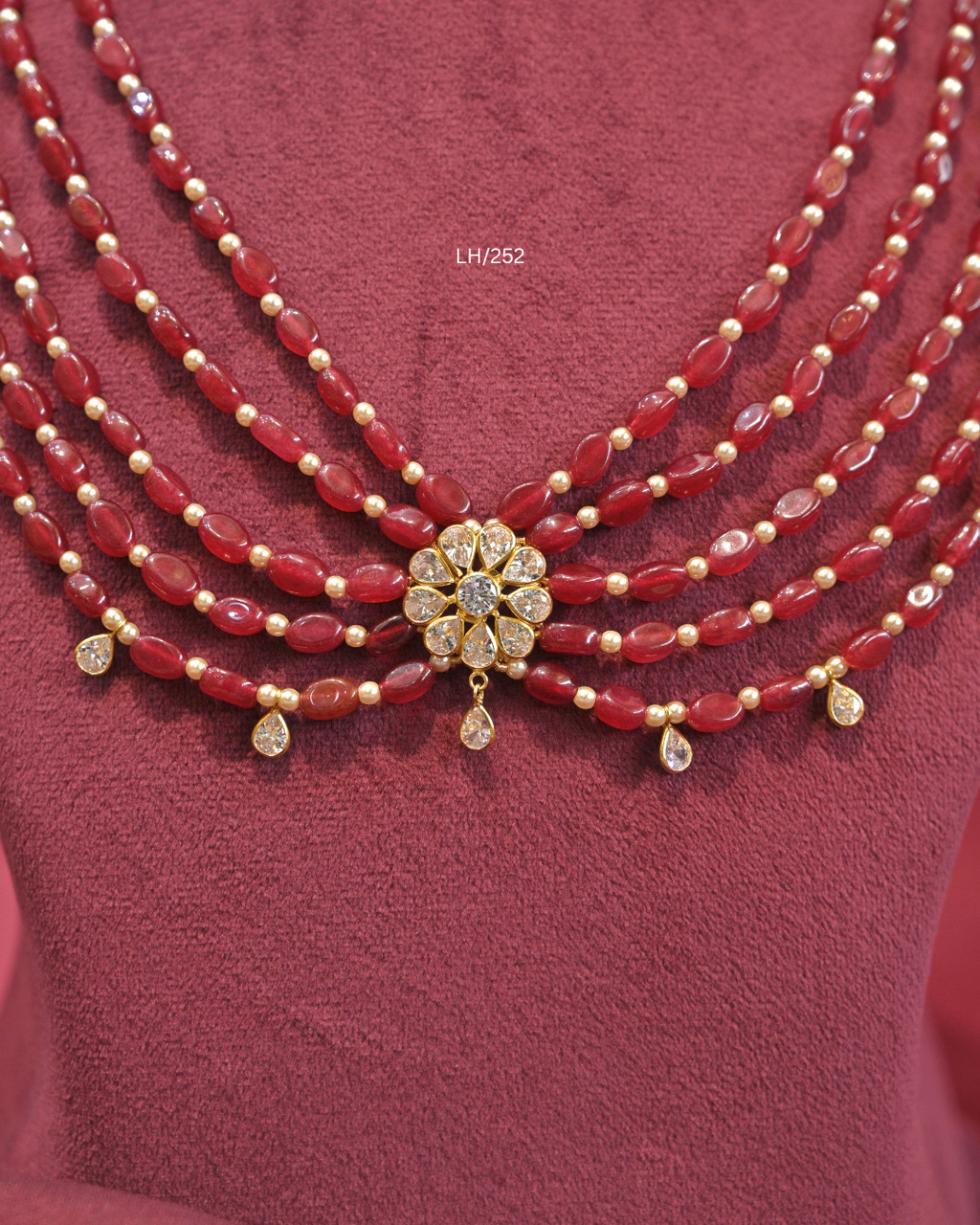 Floral CZ Motif Five-Strand Ruby Oval Bead Layered Haram | SKU: LH/252