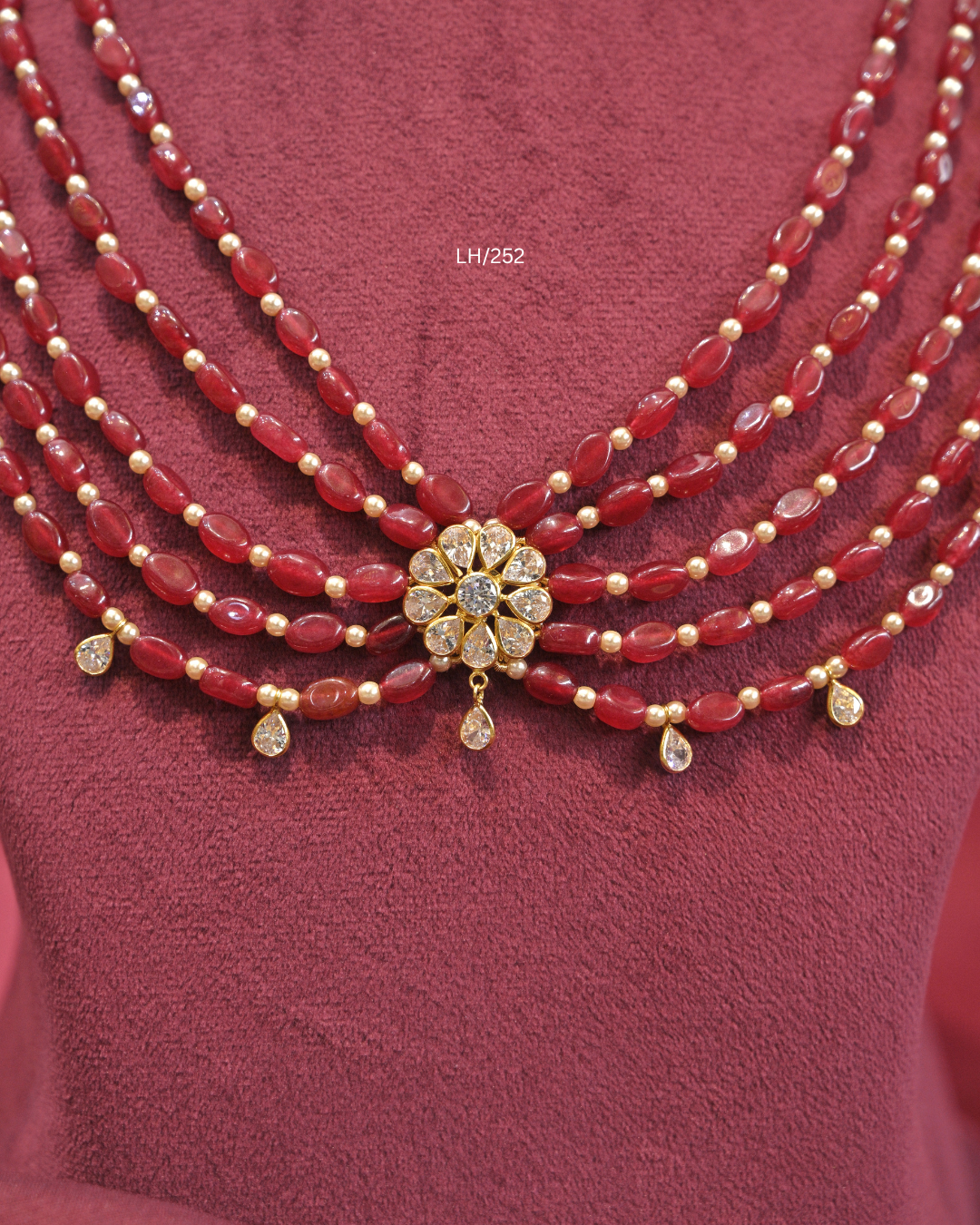 Floral CZ Motif Five-Strand Ruby Oval Bead Layered Haram | SKU: LH/252