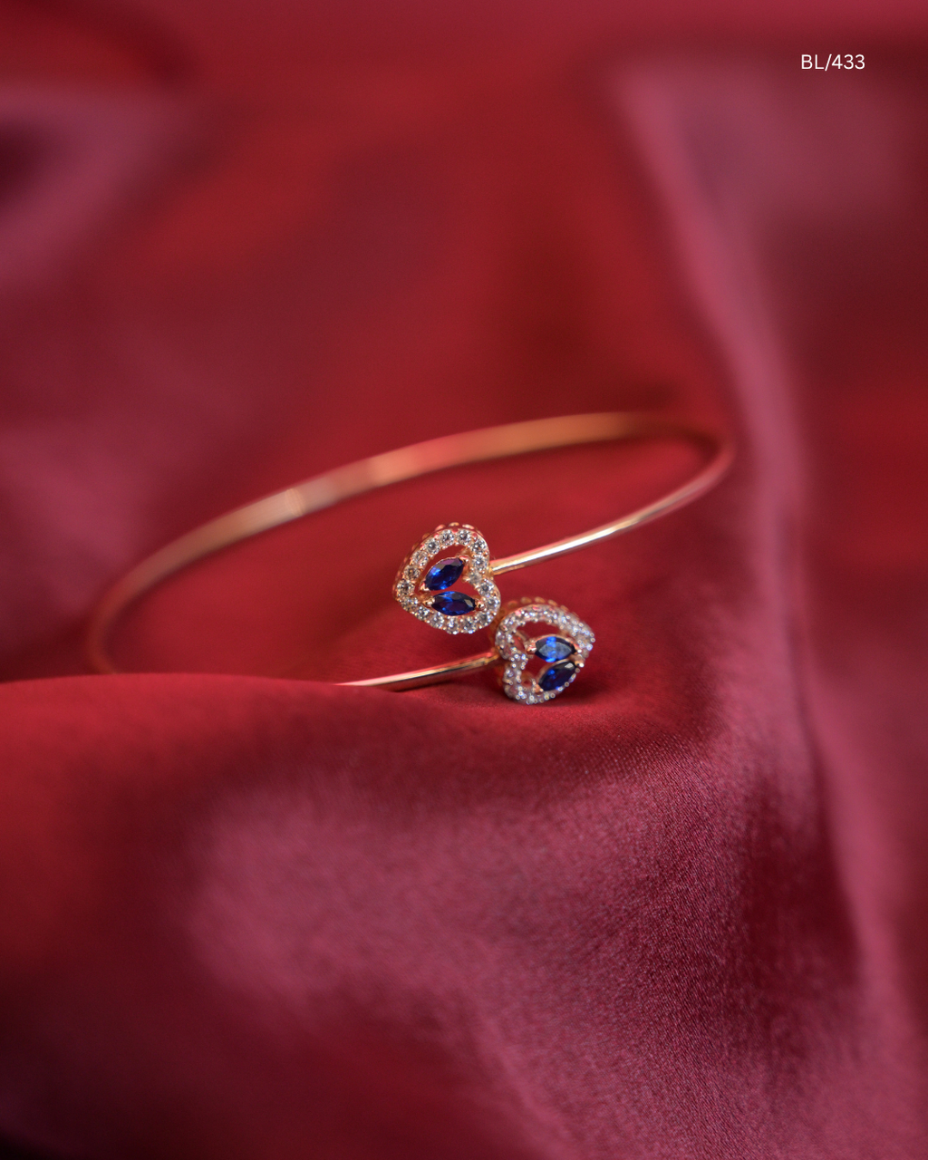 Dual Heart Blue Sapphire & Round CZ Bypass Cuff Bracelet | SKU: BL/433