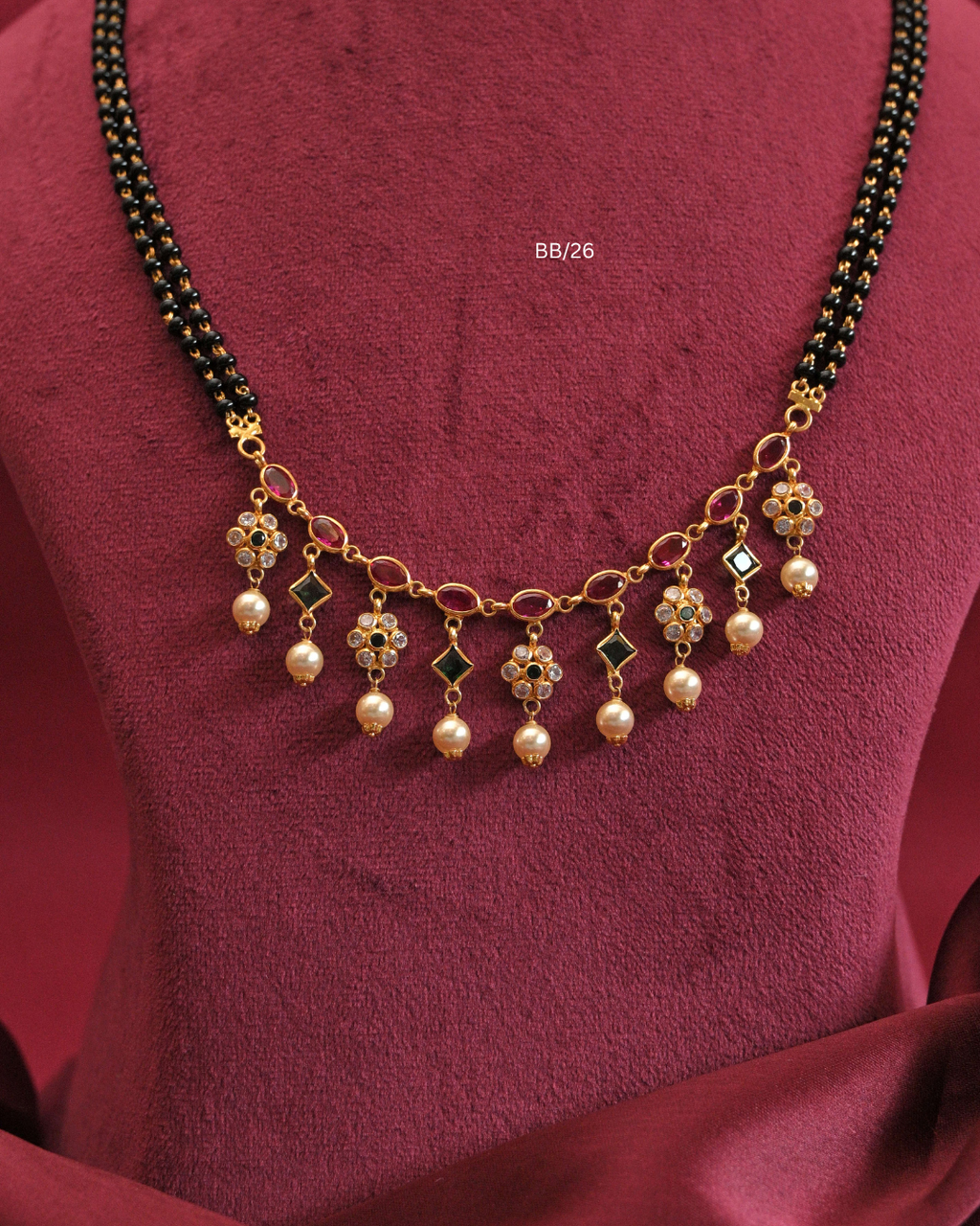 Ruby, Emerald & CZ Floral Fringe Drop Mangalsutra with Pearl Accents |SKU: BB/26