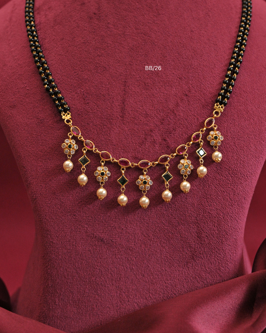 Ruby, Emerald & CZ Floral Fringe Drop Mangalsutra with Pearl Accents |SKU: BB/26