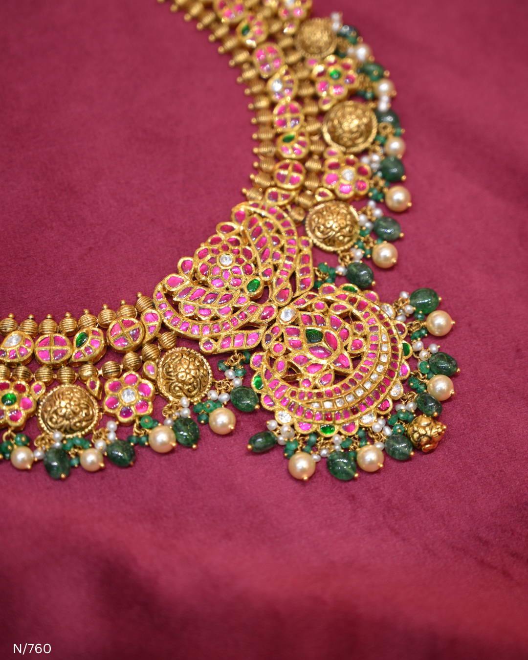 Antique Gold Temple Mango, Ruby & Emerald Choker Necklace | SKU: N/760