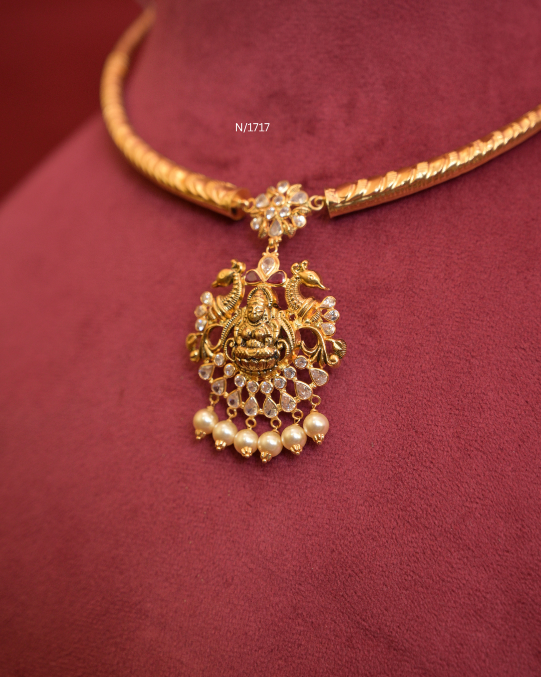 Goddess Lakshmi & Peacock Nakshi Pendant Tubular Hasli with CZ Polki & Pearl Drops |SKU: N/1717