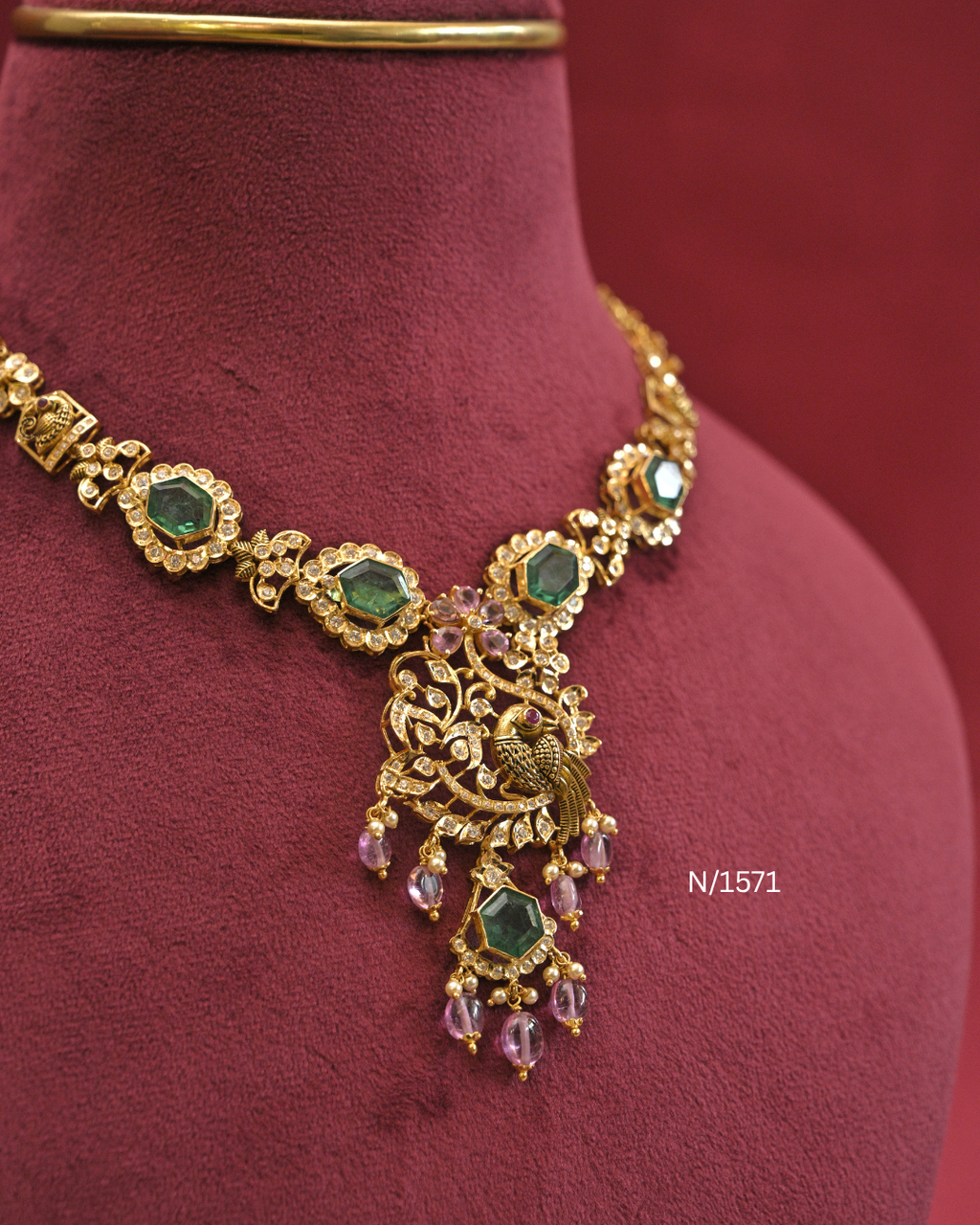 22kt Gold Hexagonal Sea Green Emerald & Peacock Necklace | 24.81g Net | SKU: N/1571