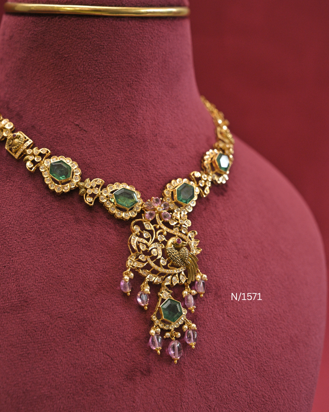 22kt Gold Hexagonal Sea Green Emerald & Peacock Necklace | 24.81g Net | SKU: N/1571