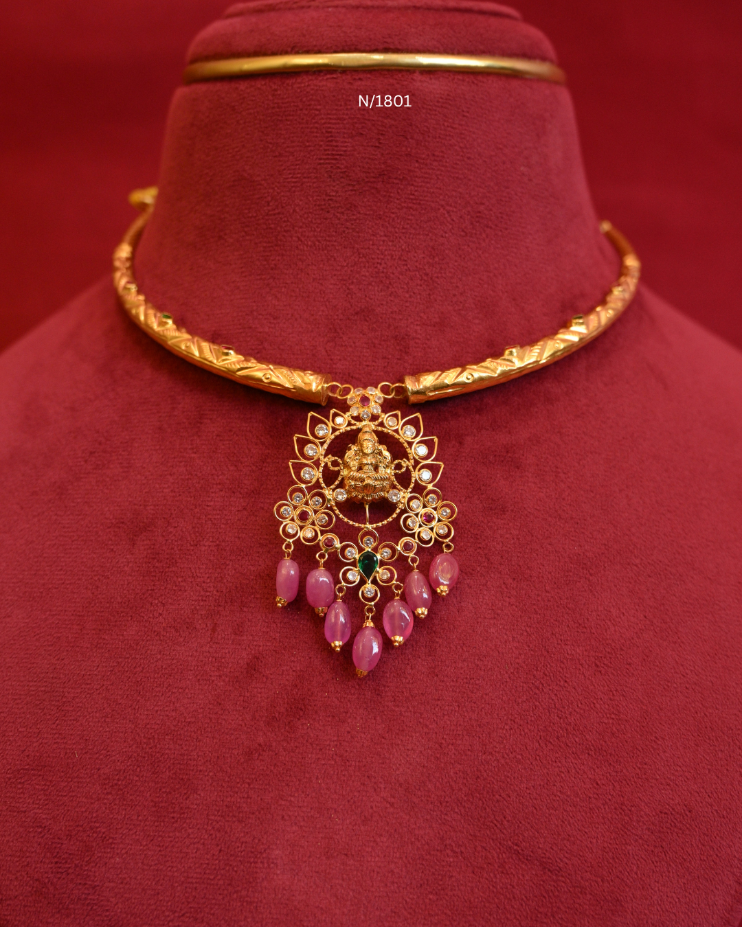 Goddess Lakshmi Nakshi & Floral Openwork Pendant Tubular Hasli Necklace with CZ, Emerald Accent & Pink Ruby Bead Drops | SKU: N/1801