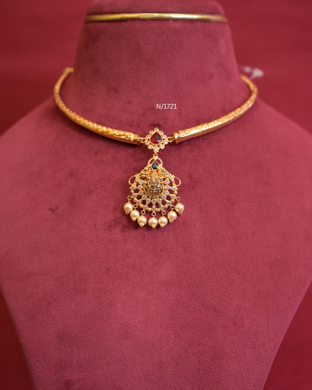 22kt Gold Goddess Lakshmi & Peacock Nakshi Pendant Tubular Hasli Necklace with Teardrop Ruby, CZ & Pearl Drops | SKU: N/1721