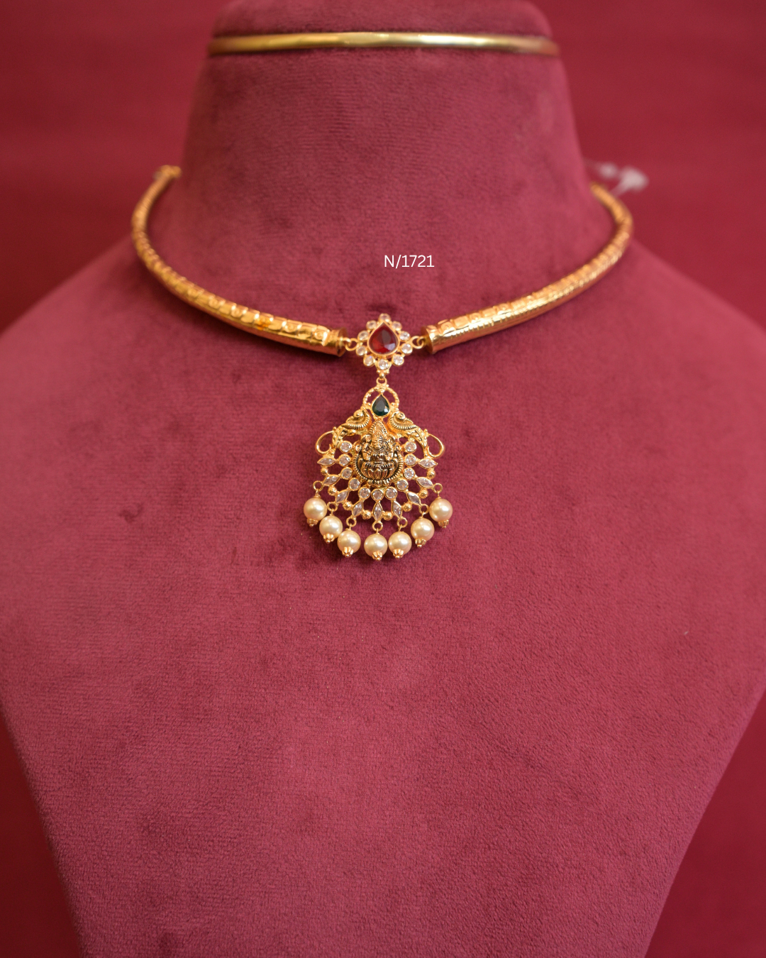 22kt Gold Goddess Lakshmi & Peacock Nakshi Pendant Tubular Hasli Necklace with Teardrop Ruby, CZ & Pearl Drops | SKU: N/1721