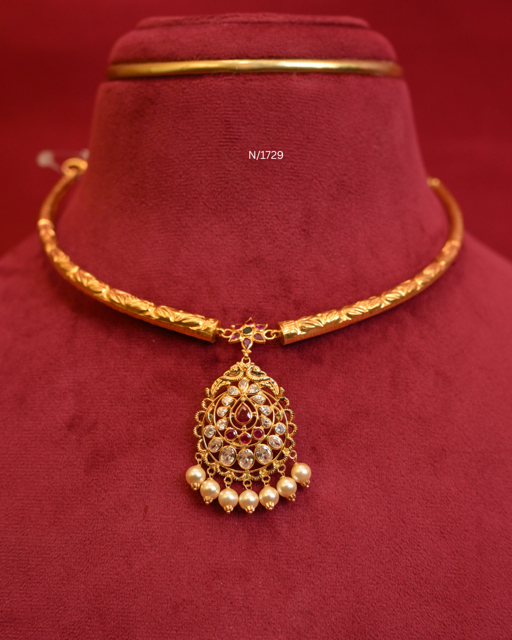 Floral Filigree Teardrop Pendant Tubular Hasli Necklace with Rubies, CZ Polki & Pearl Drops | SKU: N/1724