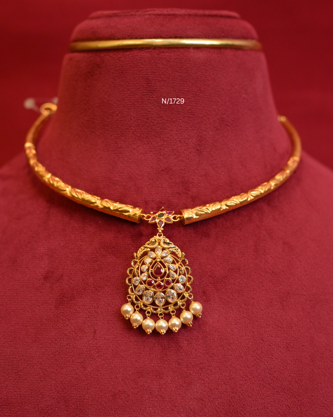 Floral Filigree Teardrop Pendant Tubular Hasli Necklace with Rubies, CZ Polki & Pearl Drops | SKU: N/1724