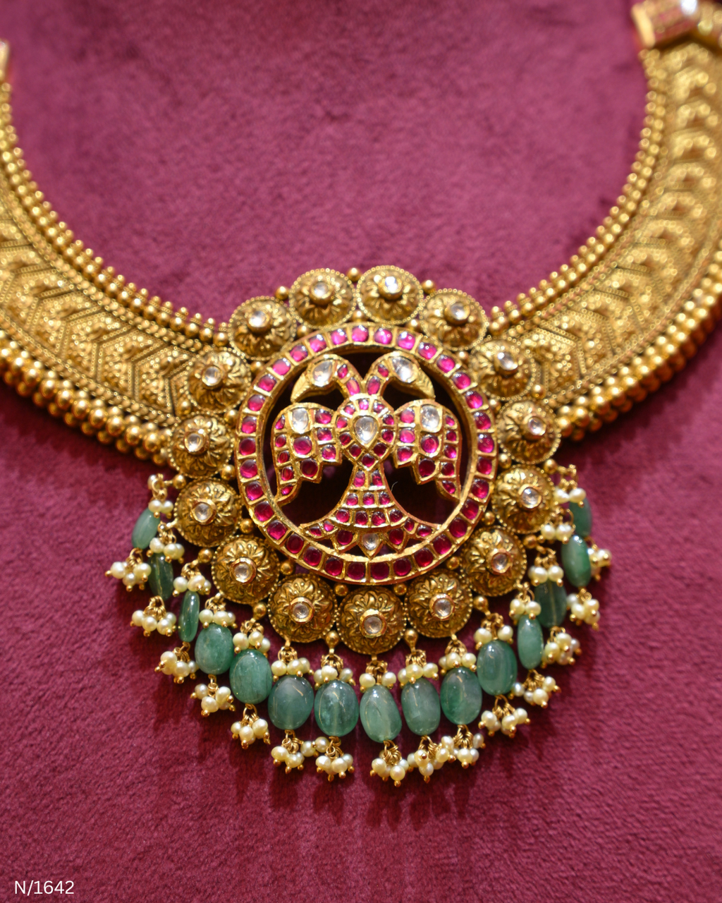 Antique Gold Temple Double-Peacock Nakshi & Green Bead Necklace | SKU: N/1642