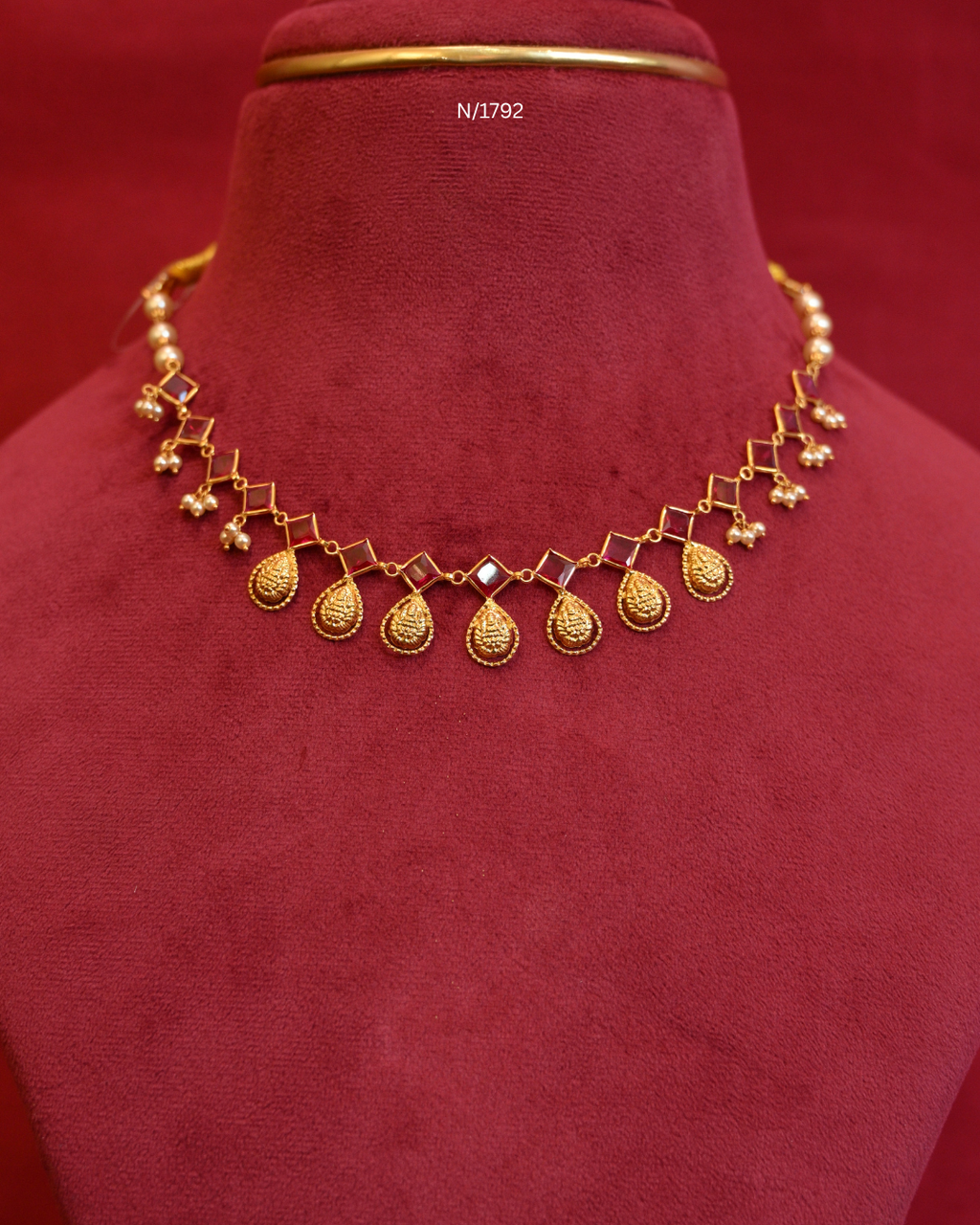 Goddess Lakshmi Coin & Rhombus Ruby Station Choker Necklace with Seed Pearl Drops | SKU: N/1792