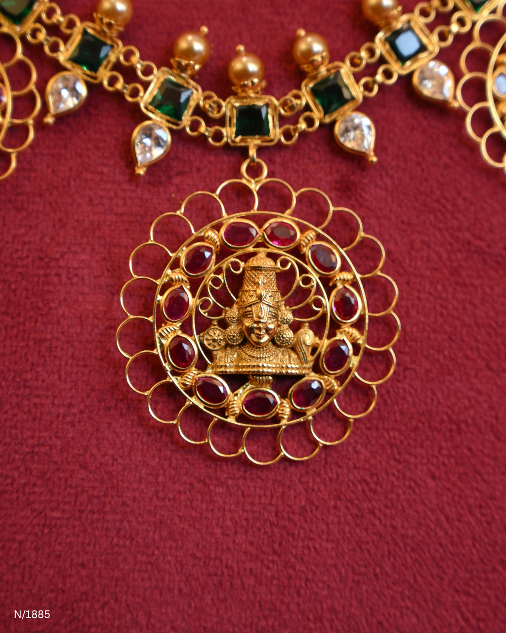 Goddess Lakshmi Temple Haram with Square Emerald Stations & Ruby-Studded Filigree Medallions | SKU: N/1885