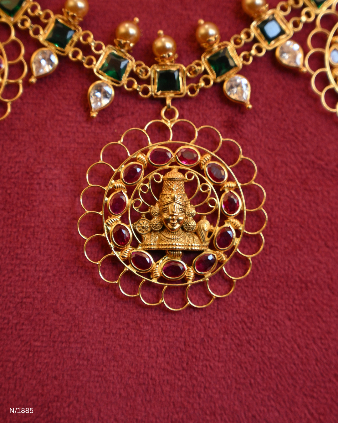 Goddess Lakshmi Temple Haram with Square Emerald Stations & Ruby-Studded Filigree Medallions | SKU: N/1885