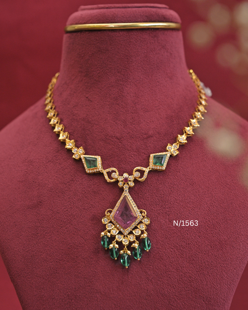 22kt Gold Geometric Rhombus Emerald & Cambodia Ruby Necklace | 16.52g Net | SKU: N/1563