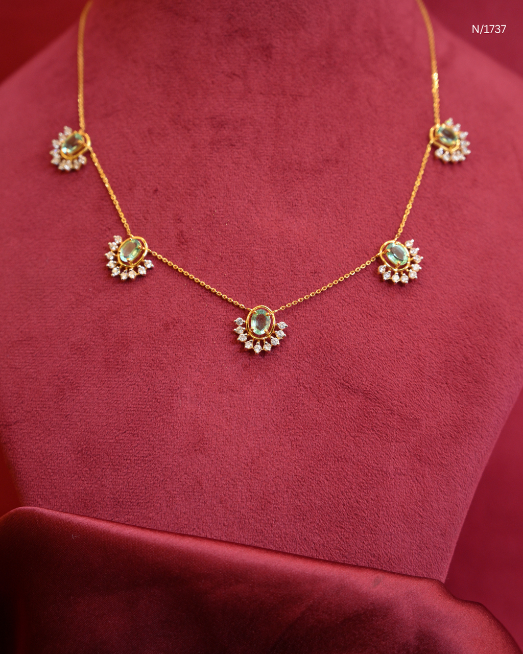 Modern Oval Emerald Cabochon & CZ Polki Crescent Station Necklace | SKU: N/1737